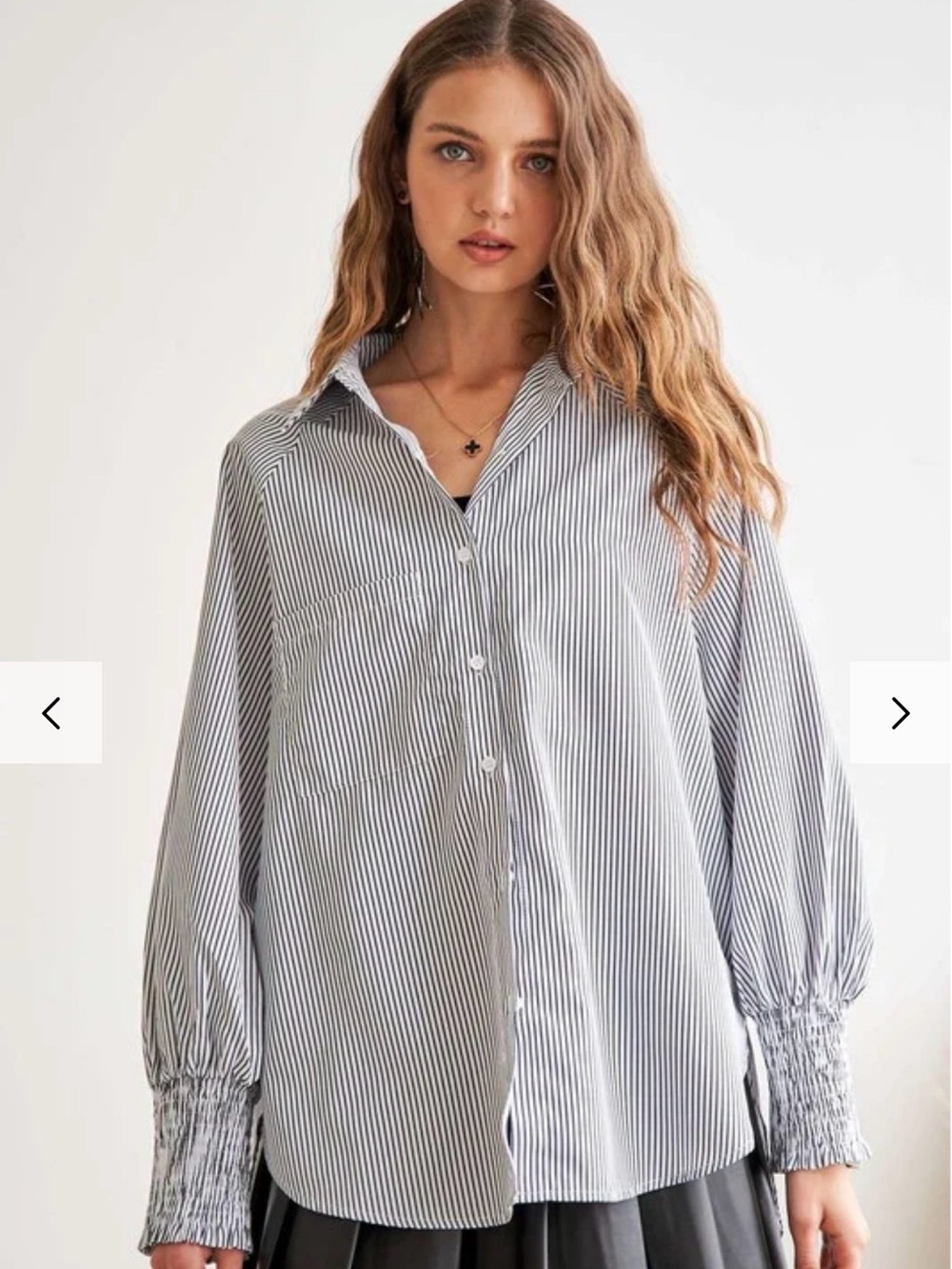 ADORA High Low Striped Button Down Smocked Lantern Sleeve Shirt